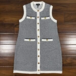 ME+EM Women's Size Medium Jacquard Knit Mini Dress Button Front Navy Blue‎ Cream